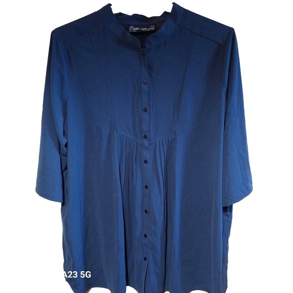 Susan Graver Style Women's 2X Tunic Top Liquid Knit Blue Button-Front Pleated 3/ - Picture 1 of 5